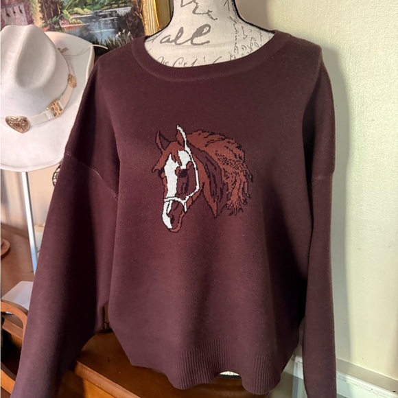 Brown Tweed Sweater with Horse Embroidery NWT - Picture 2 of 5